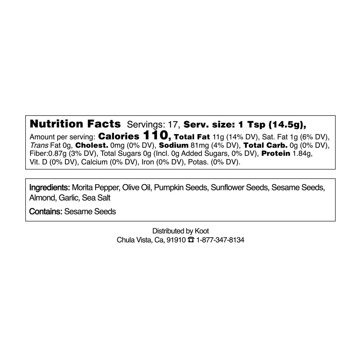 KOOT Salsa Macha nutrition label