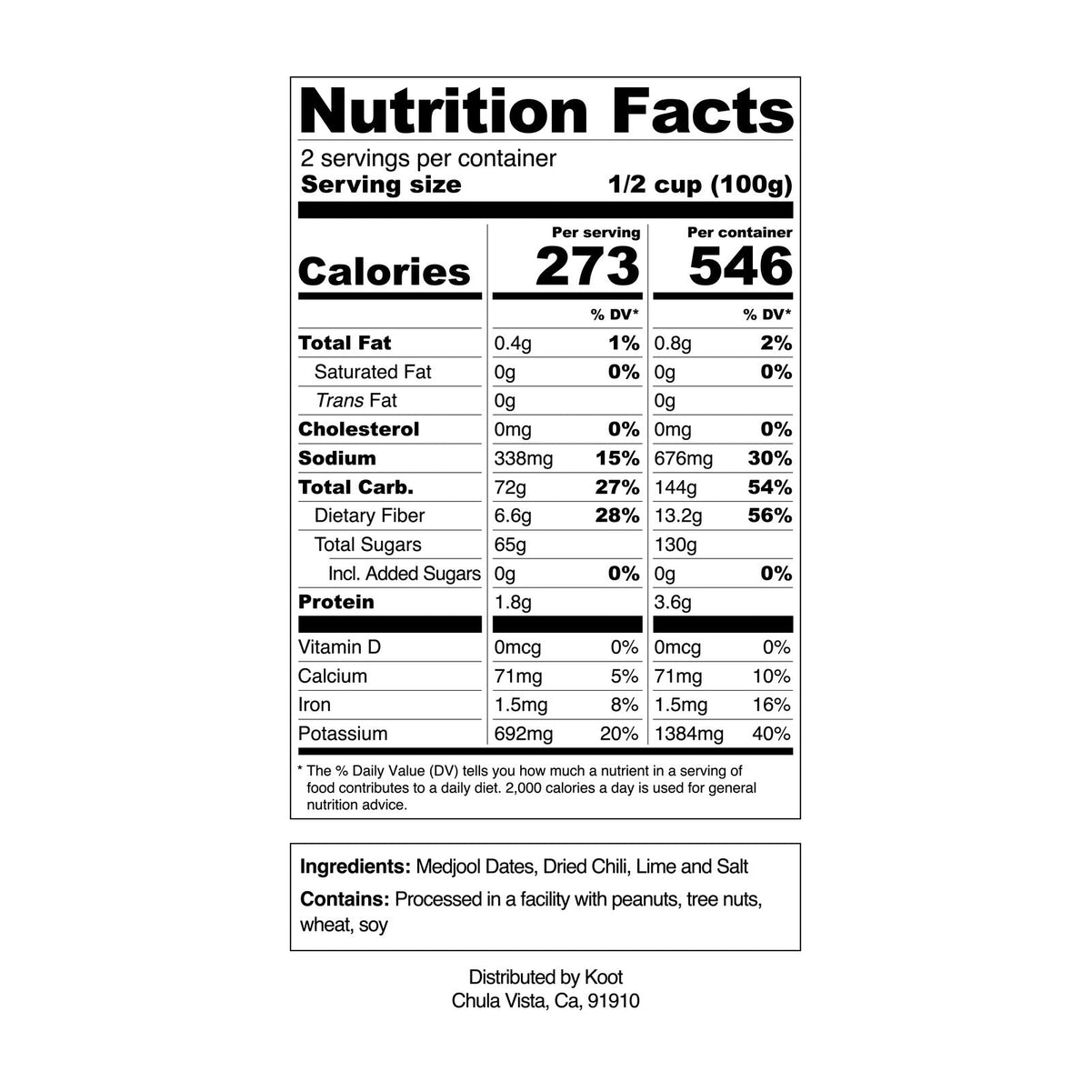 KOOT Dates with Chili nutrition label